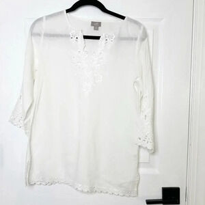 J. JILL White Linen Blend Embroidered Floral Tunic Lagenlook Size XS Petite